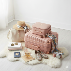 aesthetic pink luggage used to imply travel and travel essentials for a long-haul flight