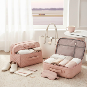 image of pink suitcases and clothes packed in them for how to pack a capsule wardrobe for a trip