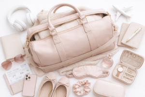 aesthetic pink travel essentials flat lay for travel blog