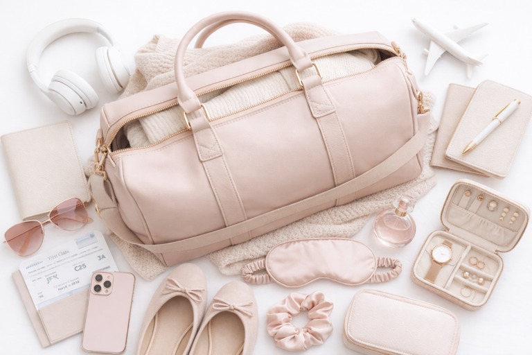 feminine aesthetic pink flat lay of a duffel bag and travel items to convey under-seat personal item luggage