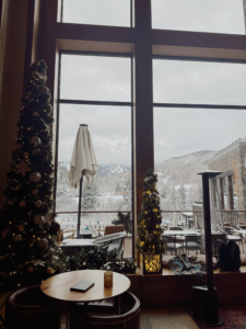 inside the lobby of the Westin in Avon, CO looking out at the mountains