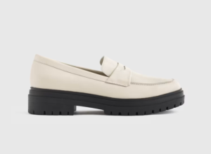 cream lug sole loafer with a black sole