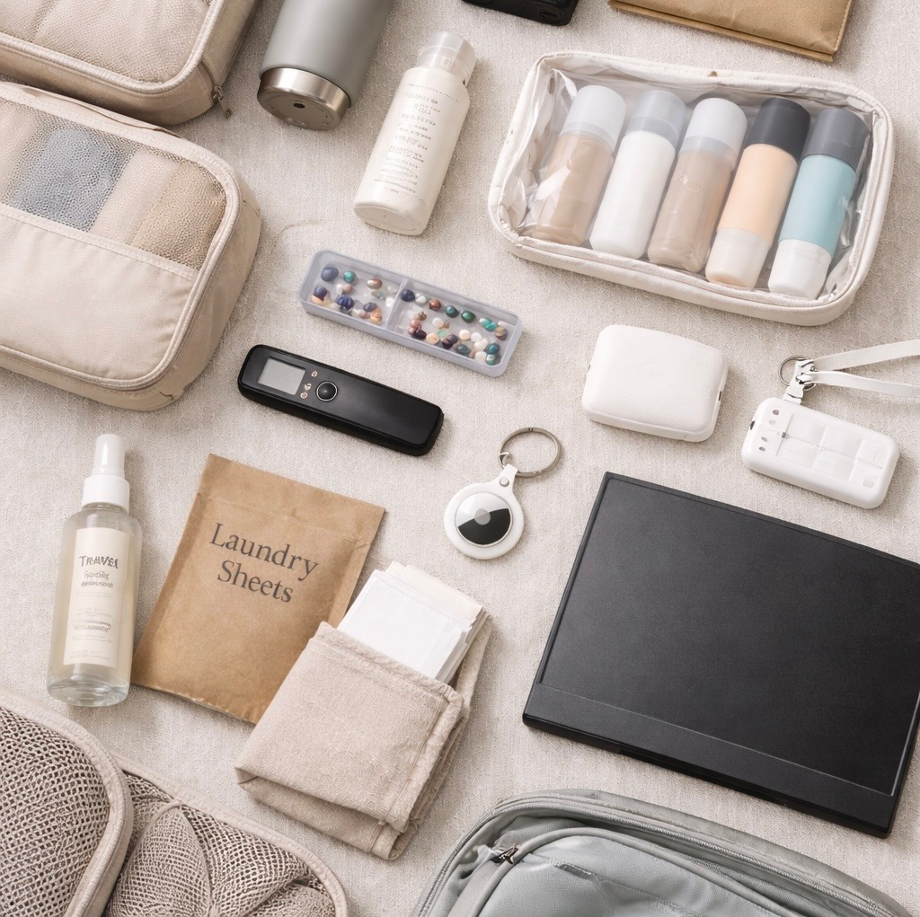 amazon travel essentials flat lay